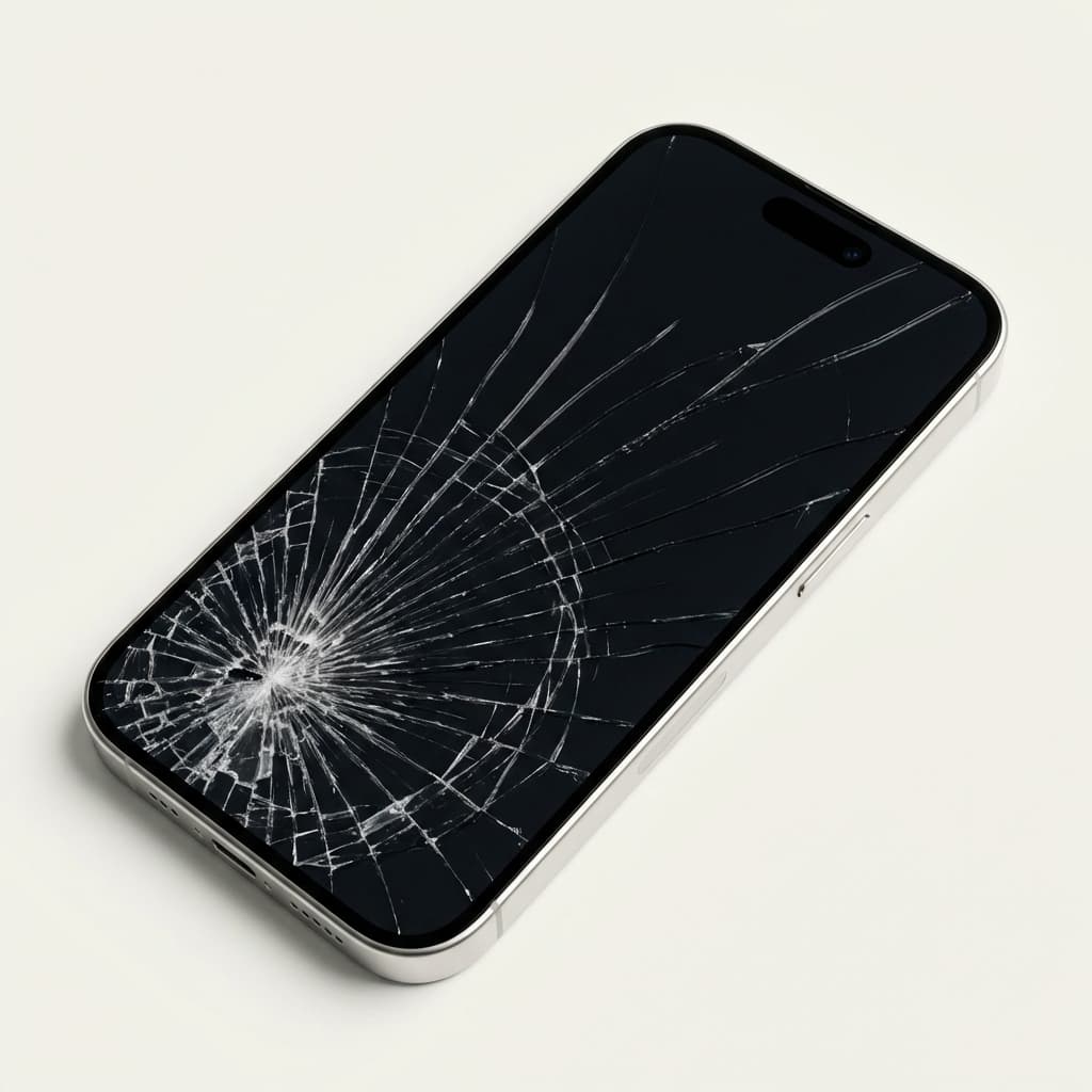 A phone with a shattered screen before repair